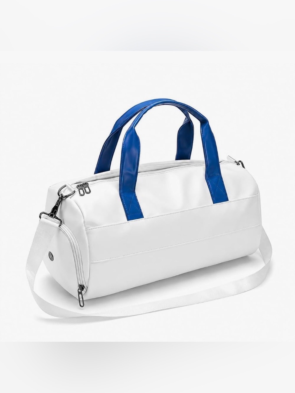 Gym Duffel Bag w/ Shoe Compartment, water resistant, white w/ blue handles, NEW